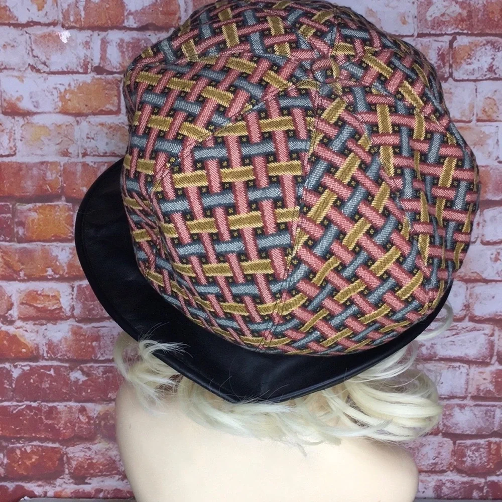 Vintage Textured Colorful Whimsical Bucket Hat with Leather Brim